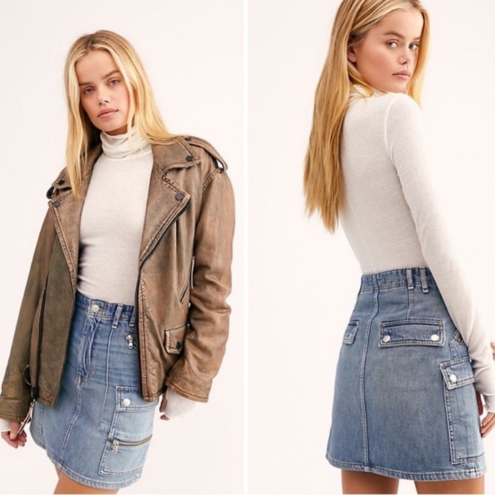 Free People Cargo Denim Mini Skirt With Utility Zippers Size 24
